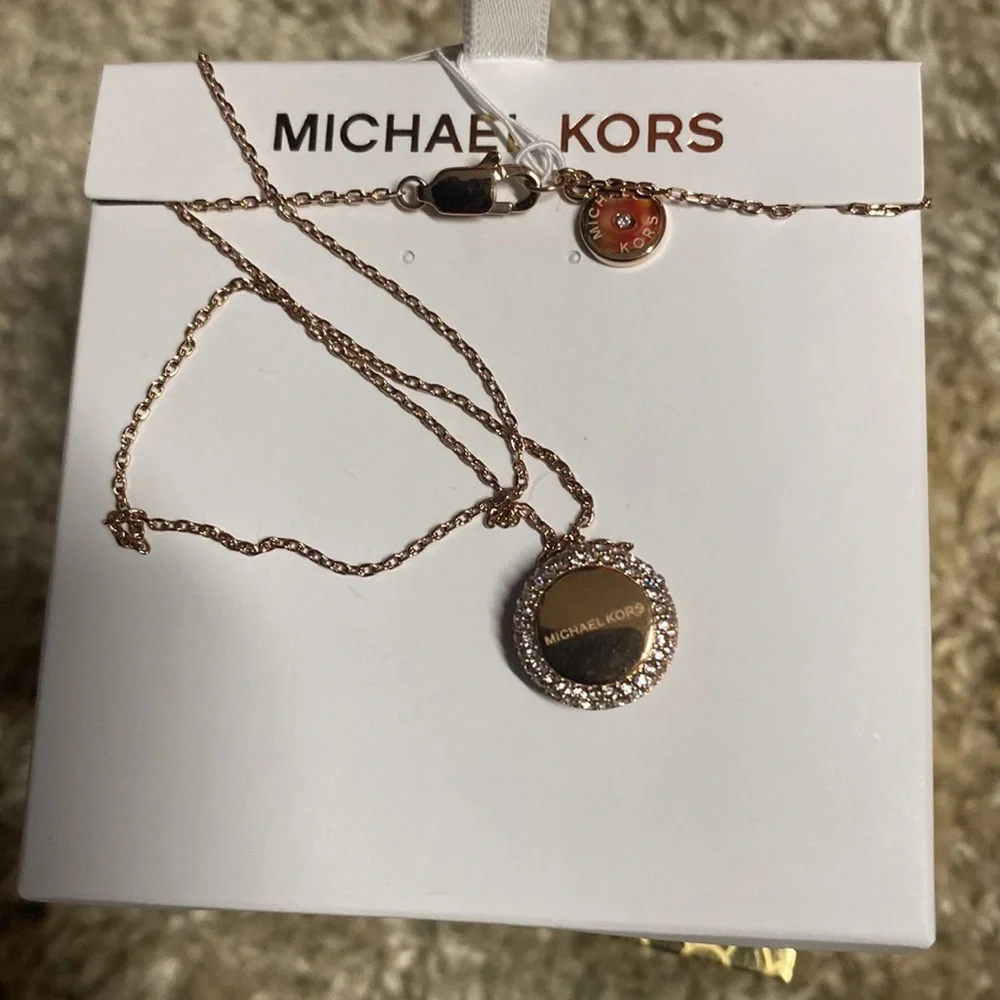 Michael Kors Rose Gold Crystal Halo Disc Pendant Necklace 18” Logo Charm